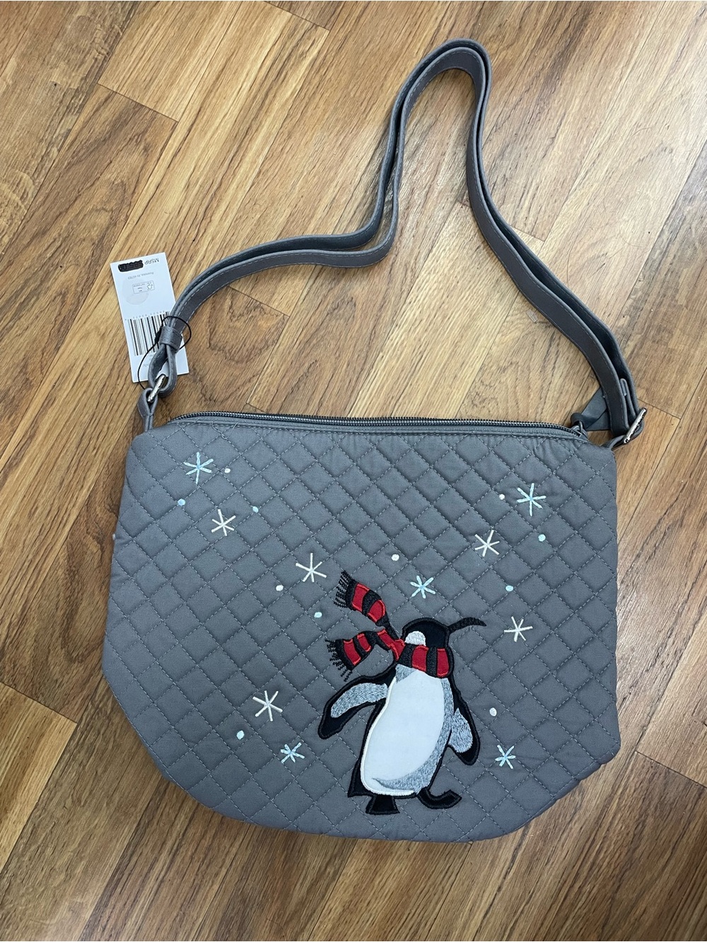 Vera Bradley Gray Quilted Shoulder Bag with Penguin Embroidery